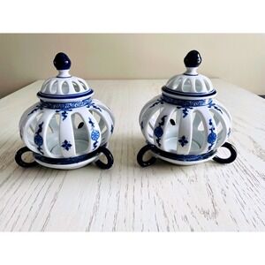 VTG Bombay Hand painted Porcelain Votive Candle Holders Pair Reticulated Pierced